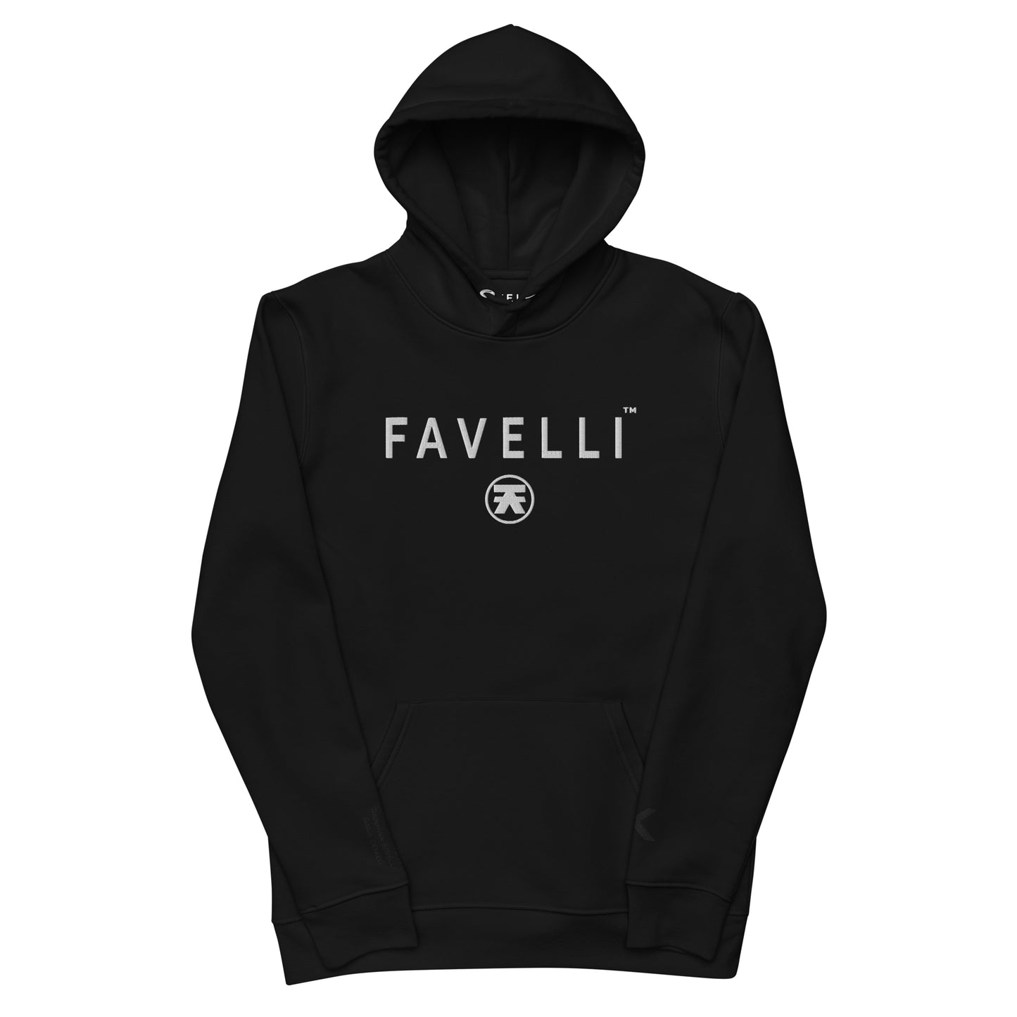 The Favelli embroidered hoodie is a heavyweight 85% organic cotton sweatshirt with a double-layered hood, set-in sleeves, and a front pouch pocket. 