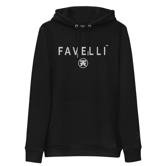 The Favelli embroidered hoodie is a heavyweight 85% organic cotton sweatshirt with a double-layered hood, set-in sleeves, and a front pouch pocket. 
