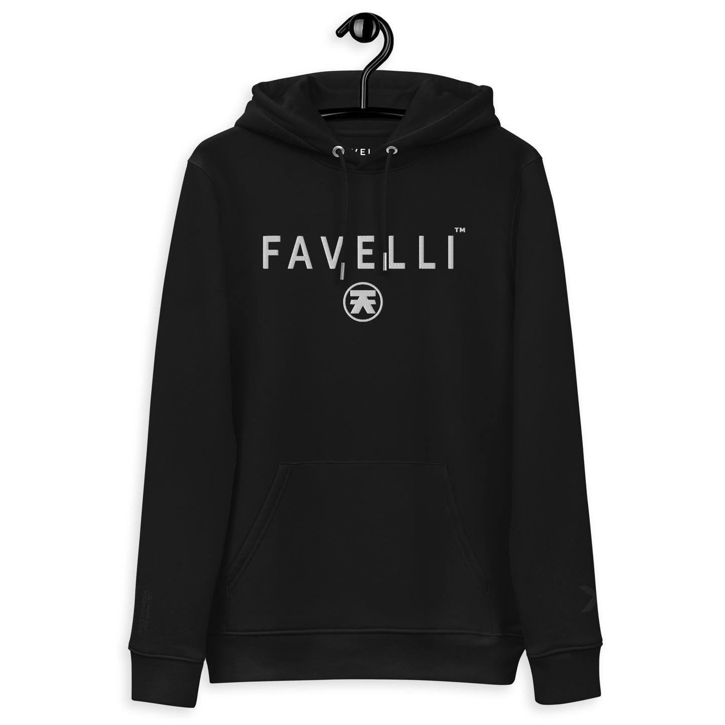 The Favelli embroidered hoodie is a heavyweight 85% organic cotton sweatshirt with a double-layered hood, set-in sleeves, and a front pouch pocket. 